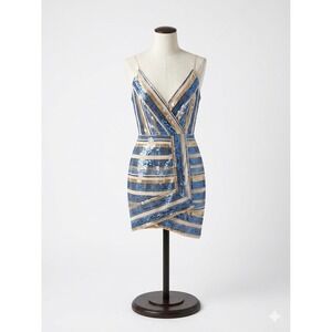 RYSE the Label Sequin Mini Dress Blue Cream Gold Striped Prom V-Neck Small NWT